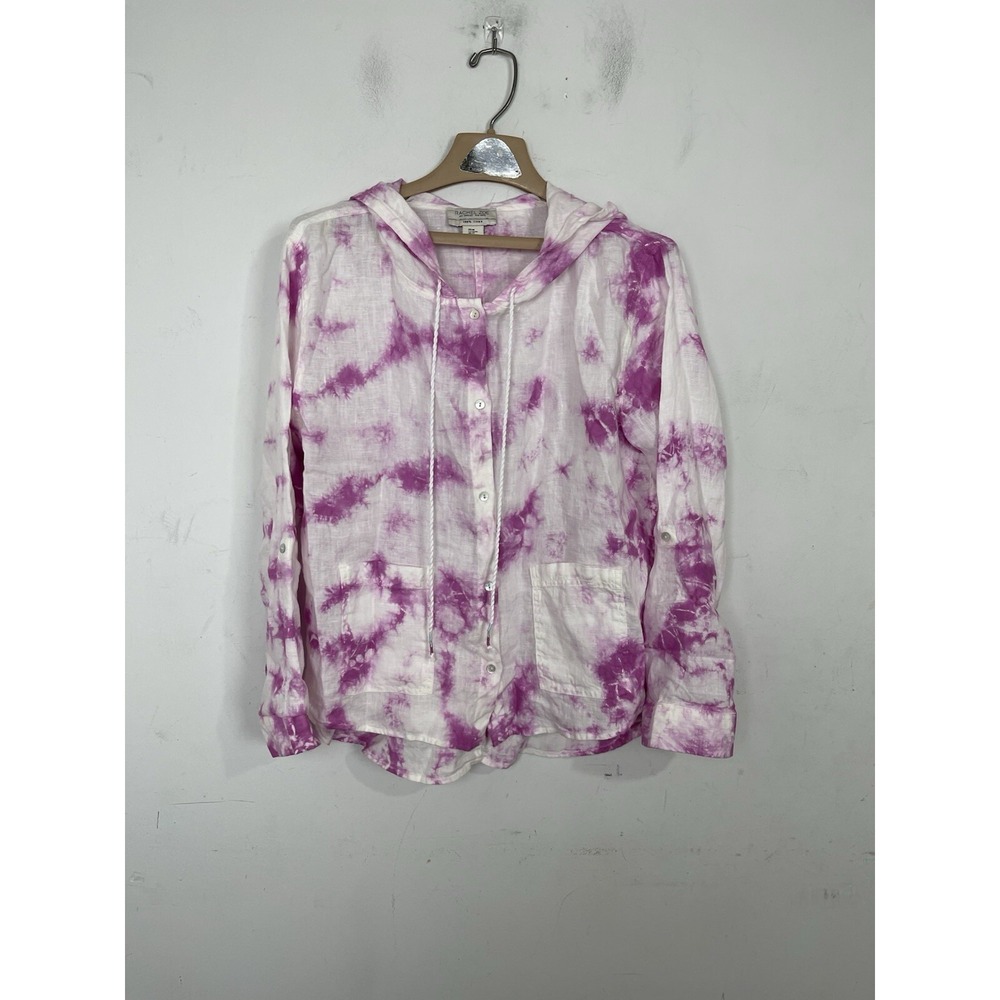 Rachel Zoe Women Shirt Medium Pink Tie Dye 100% Linen Hooded Travel Vacay Beachy